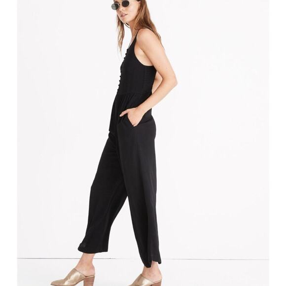 Madewell Smocked Button-Front Cropped Jumpsuit Black Size 4 Easy Comfy - Picture 2 of 11